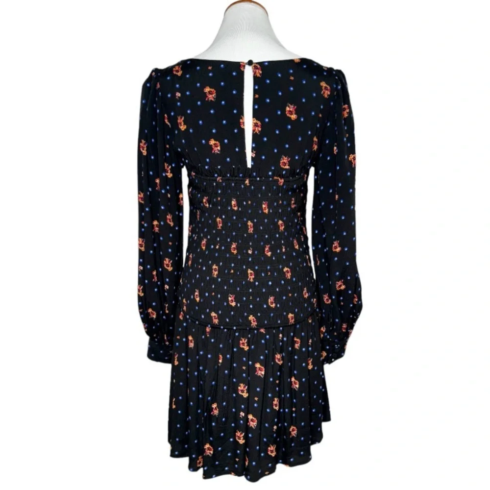 Free People Smocked Floral Celestial Star Black Long Sleeve Skater Mini Dress - Picture 8 of 14